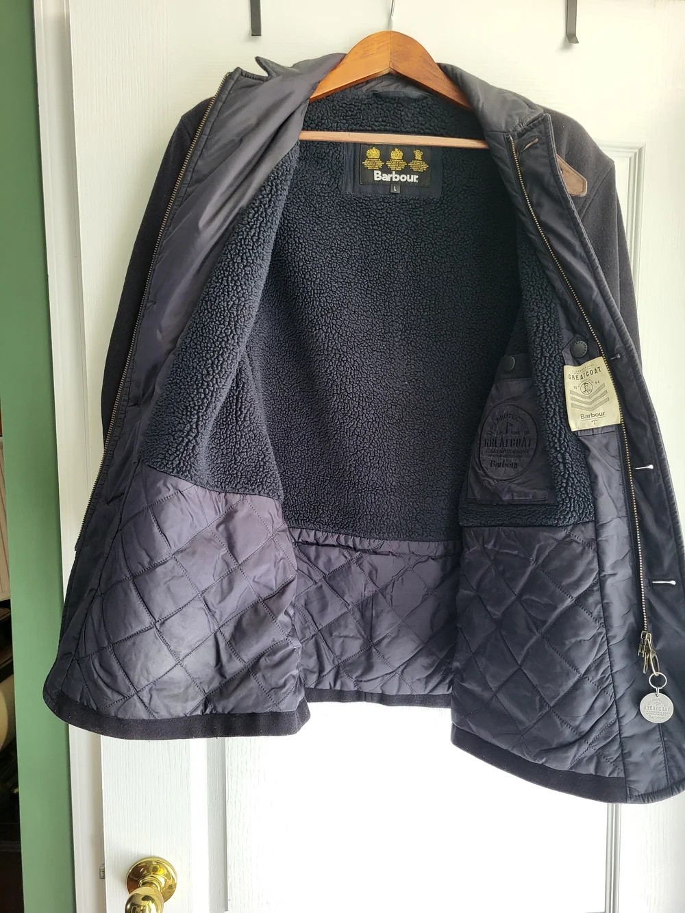 Barbour Barkston Greatcoat Fleece Lined Wool Navy Blue Jacket Size L - Picture 4 of 9